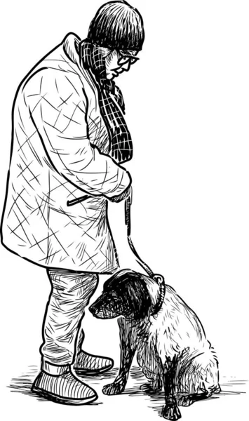 Dibujo Mano Una Anciana Con Perro — Archivo Imágenes Vectoriales