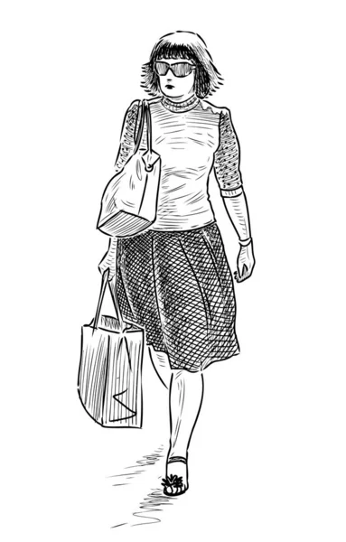 Eine Junge Stadtfrau Geht Mit Einkaufstüten — Stockvektor