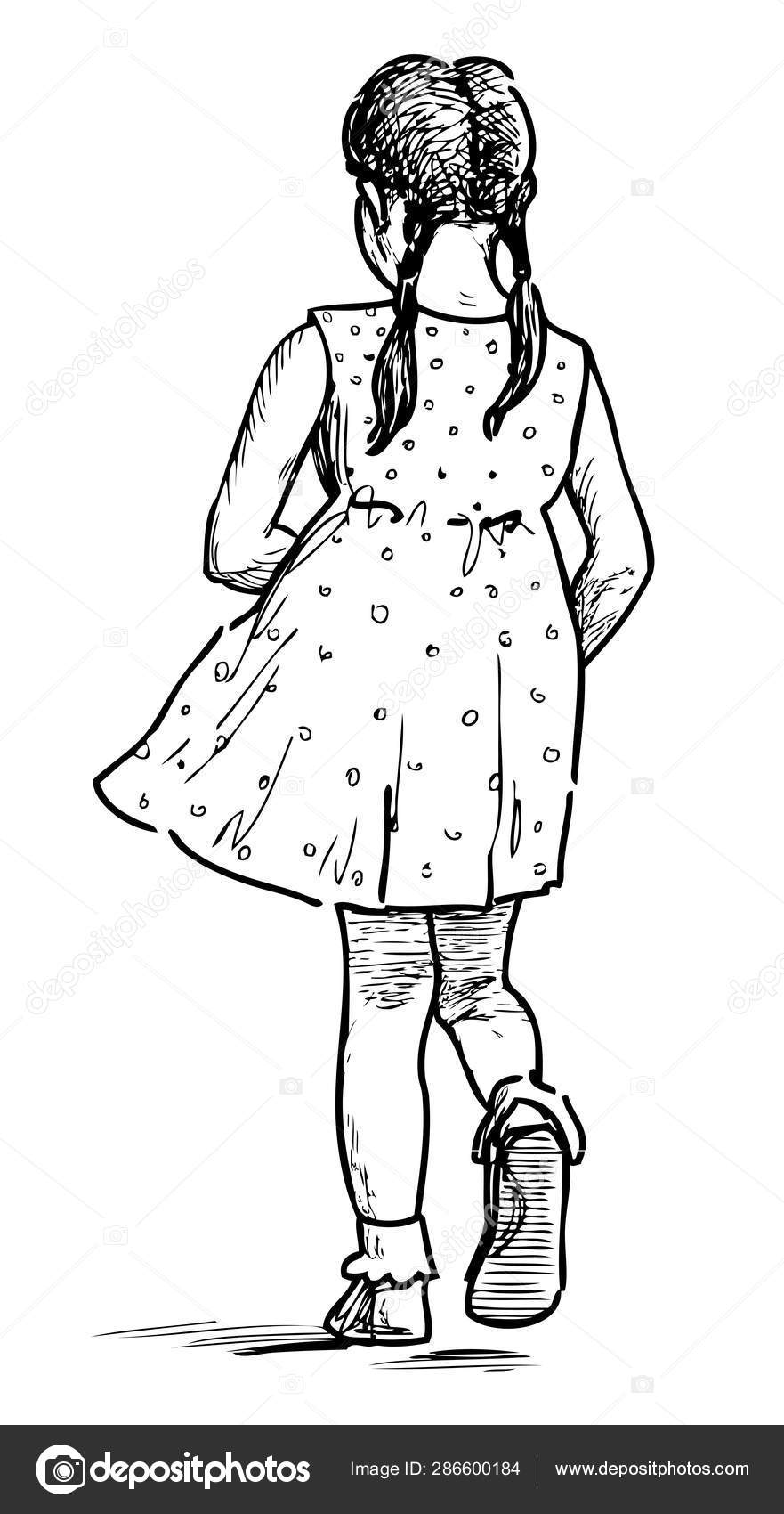 Sketch Little Girl Going Walk Summer Day Stock Vector