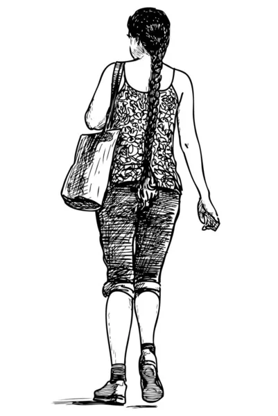 Эскиз Молодой Женщины Длинной Косой Идущей Вниз Улице — стоковый вектор