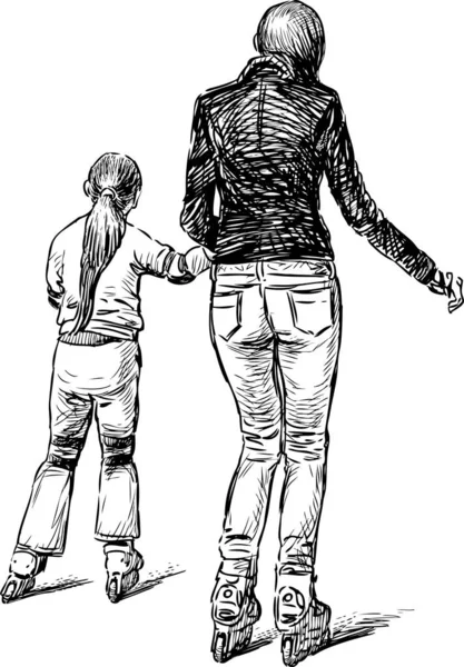 ローラースケートに乗って彼女の娘と母親のスケッチ — ストックベクタ