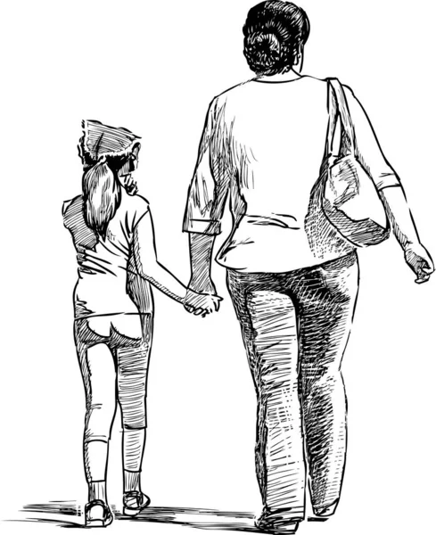 Sketch Woman Her Little Daughter Walking Stroll Stock Illustration