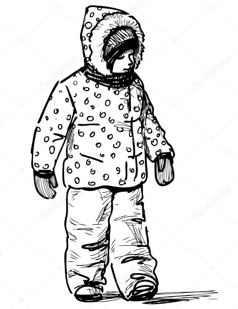 Sketch of a kid going on a stroll in the cold weather