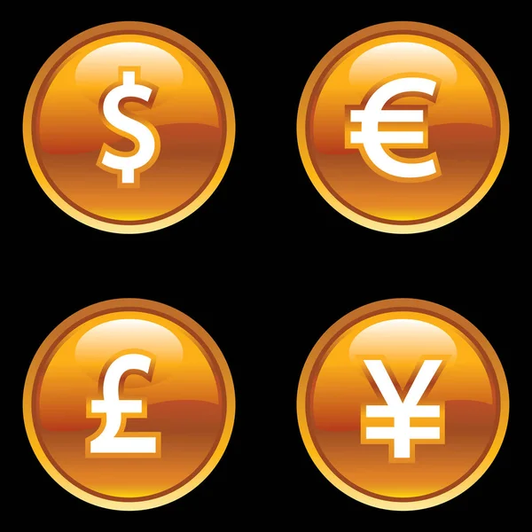 Különböző Pénznemszimbólumok Arany Gombjainak Vektorrajza — Stock Vector