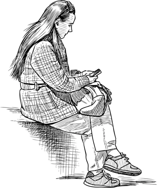 Sketch of young city girl with her mobile phone sitting on park bench