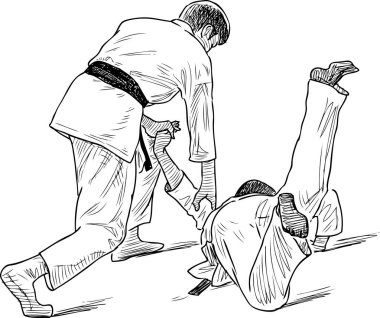 Dövüş eğitimi alan iki güreşçinin çizimi.