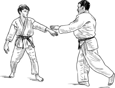 Öğrencisiyle spor salonunda güreş antrenörü çizimi.