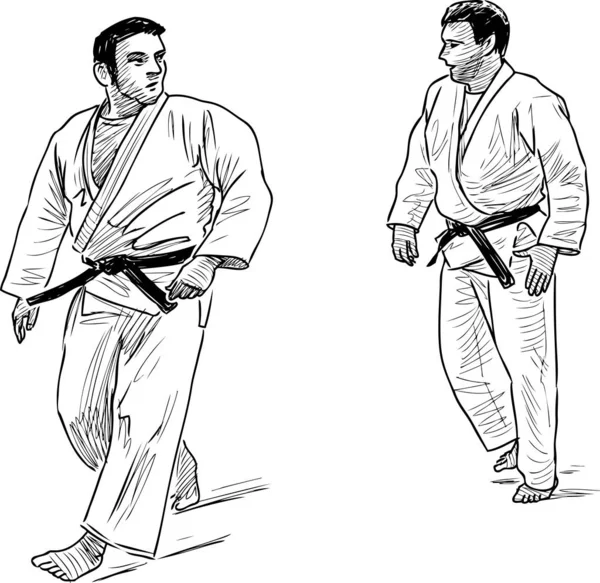 两名男子在体育馆摔跤训练的素描 — 图库矢量图片