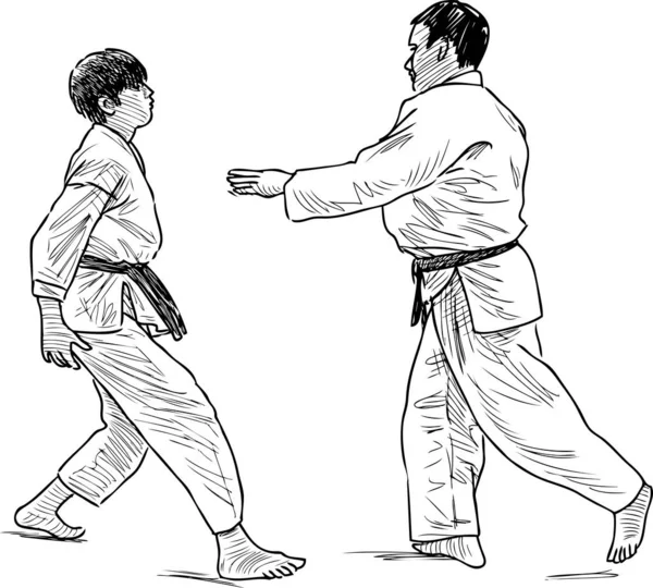 Güreş Koçu Dövüş Eğitimi Alan Genç Öğrencisinin Çizimi — Stok Vektör