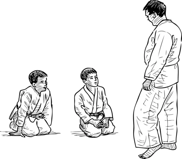 摔跤教练和他的小弟子在体育馆的素描 — 图库矢量图片