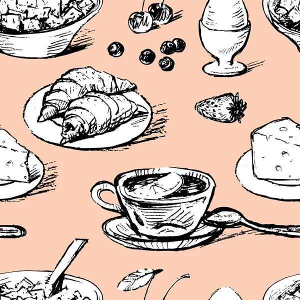 Seamless background of sketches of food for breakfast