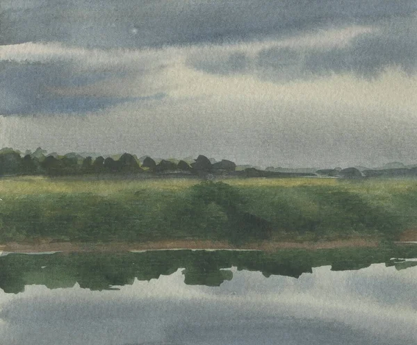 夏日多云的河岸水彩画 — 图库照片