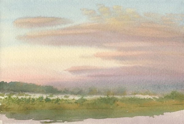 Watercolor Landscape Fog Riverside Early Pink Morning — Stock Photo, Image