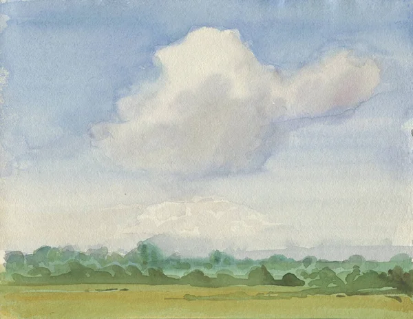 夏日白云覆盖田野的水彩景观 — 图库照片