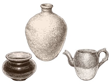 Farklı seramik mutfak aletlerinden oluşan vektör çizim seti