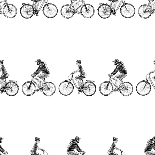 Modello Senza Soluzione Continuità Schizzi Uomini Donne Bicicletta — Vettoriale Stock
