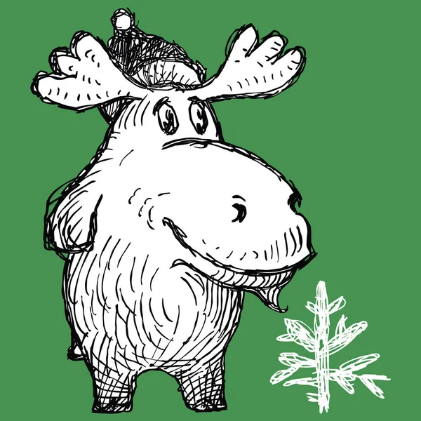 Vektorbild Des Niedlichen Cartoon Elchs Mit Weihnachtsbaum — Stockvektor