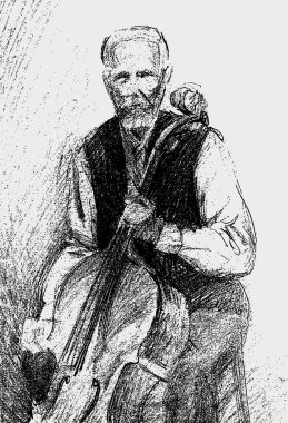 Çello çalan yaşlı bir adamın serbest kalem çizimi