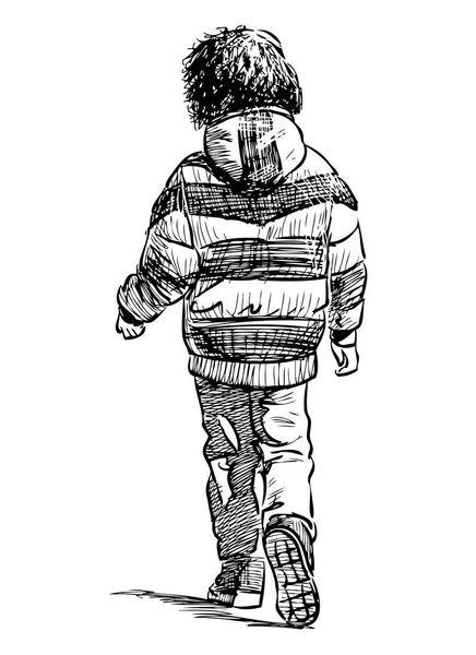 Dibujo Mano Alzada Niño Pequeño Con Chaqueta Caminando Por Calle — Archivo Imágenes Vectoriales