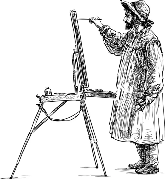 Kresba Vousatého Umělce Kloboučnické Malbě Stojanu — Stockový vektor
