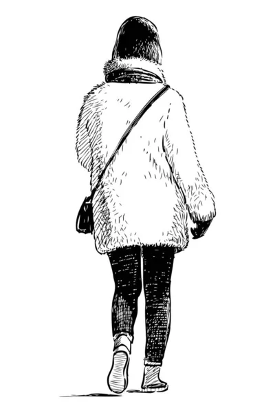 Croquis Femme Ville Décontractée Manteau Fourrure Blanche Allant Faire Une — Image vectorielle