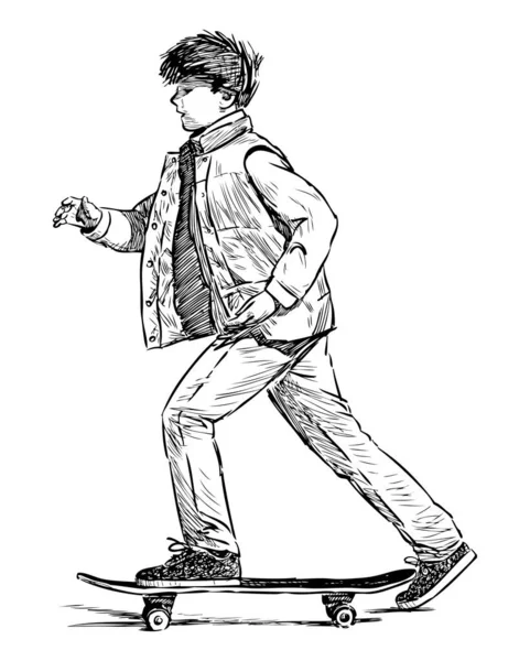 Skizze Eines Lässigen Schuljungen Der Skateboard Fährt — Stockvektor