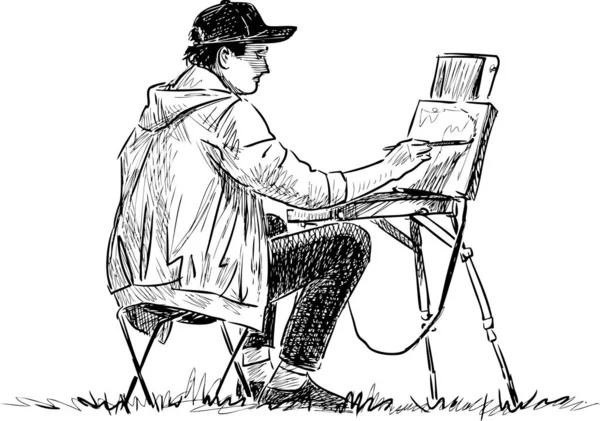 Σκίτσο Του Νεαρού Καλλιτέχνη Ζωγραφική Στην Ύπαιθρο — Διανυσματικό Αρχείο