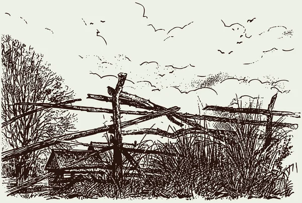 木造のフェンスや農村住宅と村の風景のフリーハンドの図面 — ストックベクタ