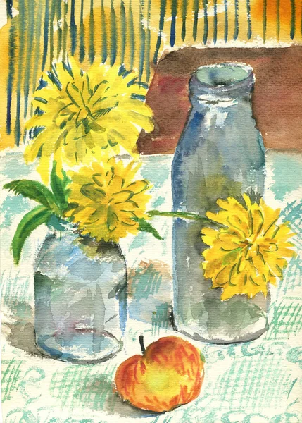 Akvarell Csendélet Sárga Virágcsokorral Üvegben Üvegben Almában — Stock Fotó