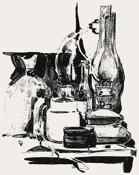 Векторный Рисунок Натюрморта Старой Керосиновой Лампой Кухонной Утварью — стоковый вектор