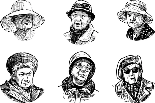 Freihändige Zeichnungen Von Porträts Verschiedener Alter Frauen — Stockvektor