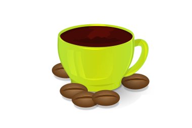 Kahve Kupası yeşil ve kahve çekirdekleri 3B vektör izole etmek