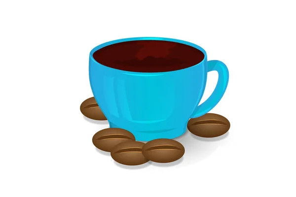 Kahve mavi ve kahve çekirdekleri fincan izole 3B vektör