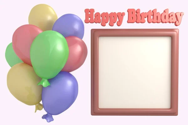 Multicolored balloons and frame for photo Happy Birthday 3d render illustration