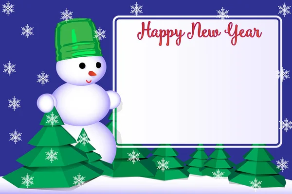 Šťastný Nový Rok Blahopřání Pro Sněhuláka Lese Vektorové Ilustrace — Stockový vektor