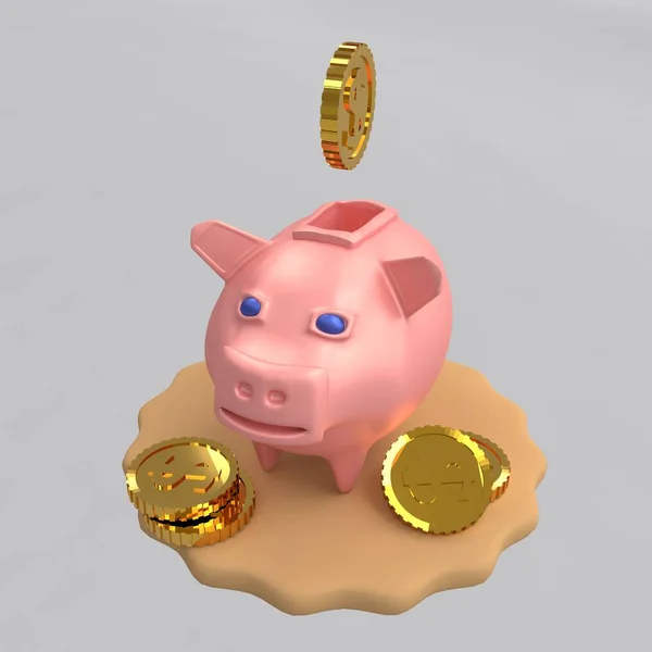 Piggy bank for money pig, falling coins, 3D rendering