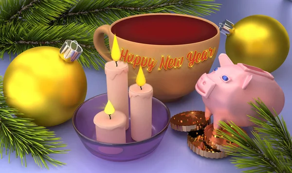 Buon Anno Biglietto Auguri Con Palline Natale Candele Maiale Rendering — Foto Stock