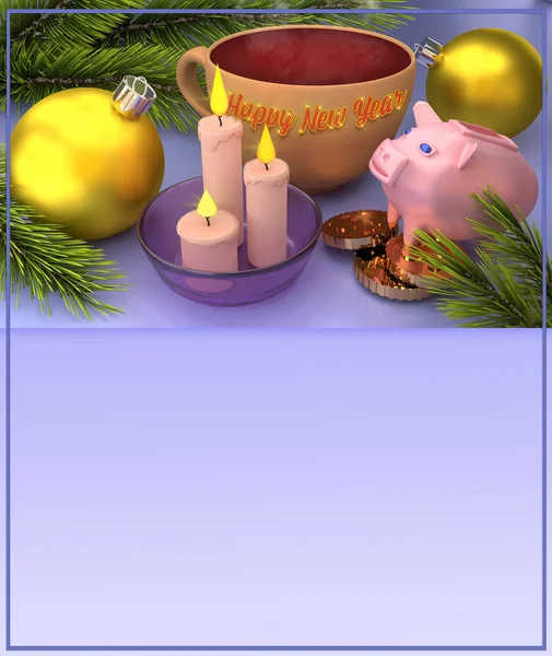 クリスマス ボール キャンドル 青の背景に豚ニューイヤー カード レンダリング — ストック写真