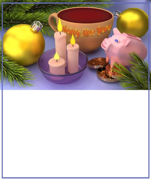 Ευτυχισμένο Νέο Έτος Κάρτα Χριστουγεννιάτικες Μπάλες Κεριά Και Ένα Γουρούνι — Φωτογραφία Αρχείου