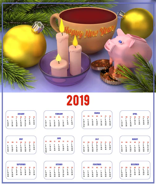 Velký Formát Kalendáře 2019 Svíčkami Balóny Gratuluji Novém Roce Vykreslování — Stock fotografie