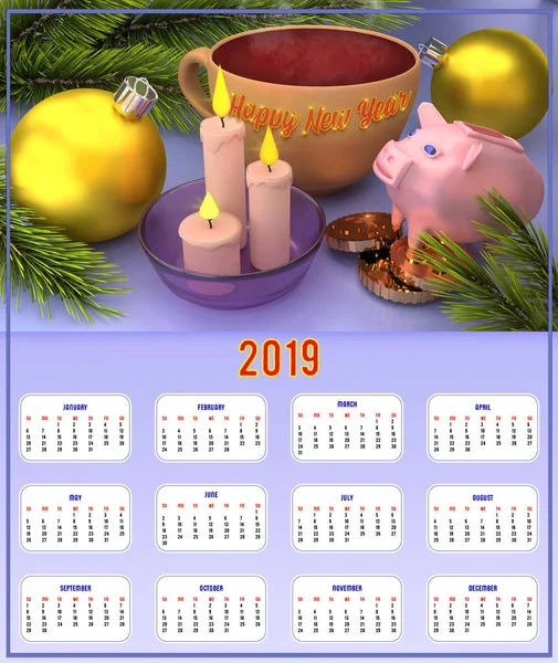 Velký Formát Kalendáře 2019 Blahopřání Nový Rok Vánoce Vykreslování — Stock fotografie