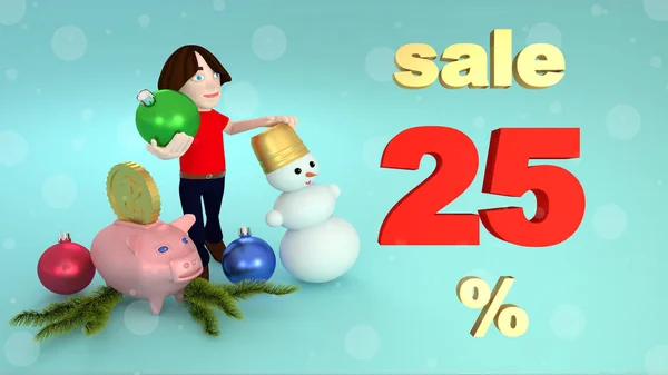 Yeni yıl ve Noel satış yüzde yirmi beş. 3D render