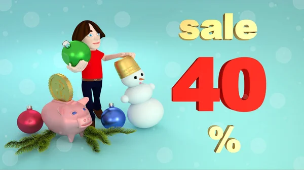 Yeni yıl ve Noel satış kırk yüzde. 3D render