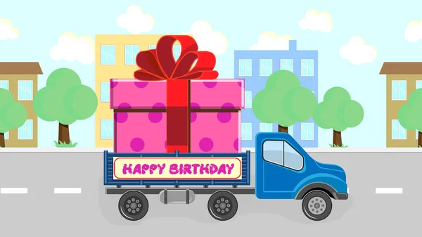 Camion Porte Cadeau Pour Anniversaire Faire Tour Ville Ensemble Vecteurs — Image vectorielle