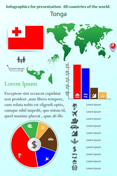 Tonga. Sunum için Infographics. Bütün ülkeler dünya, harita, toplama