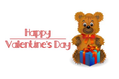 Sevgililer günü tebrik kartı ayı, kalp ve hediye ile. Vektör çizim