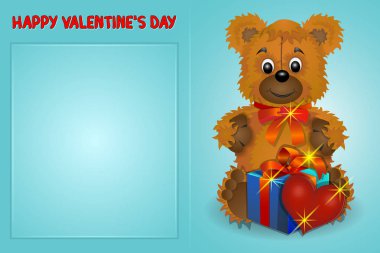 Sevgililer günü posta kartı Tebrikler ile bir ayı, bir kalp ve mavi bir arka plan üzerinde bir hediye. Vektör çizim