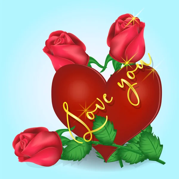 Sevgililer günü tebrik kartı kalp, gül, mavi bir arka plan üzerinde yazıt. Vektör grafikleri