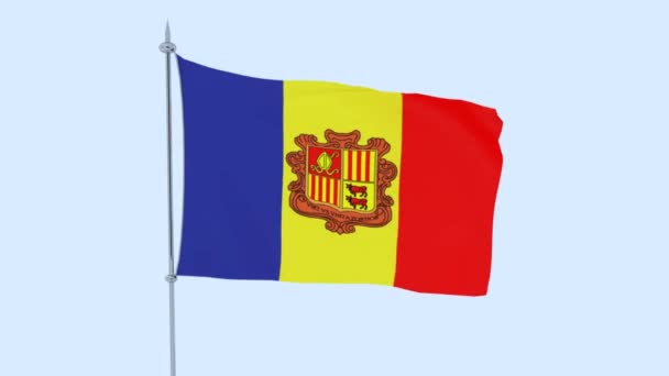 Vlag Van Het Land Andorra Fladdert Tegen Blauwe Hemel — Stockvideo