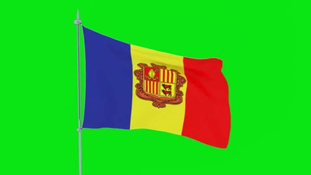 Vlag Van Het Land Andorra Fladdert Groene Achtergrond — Stockvideo